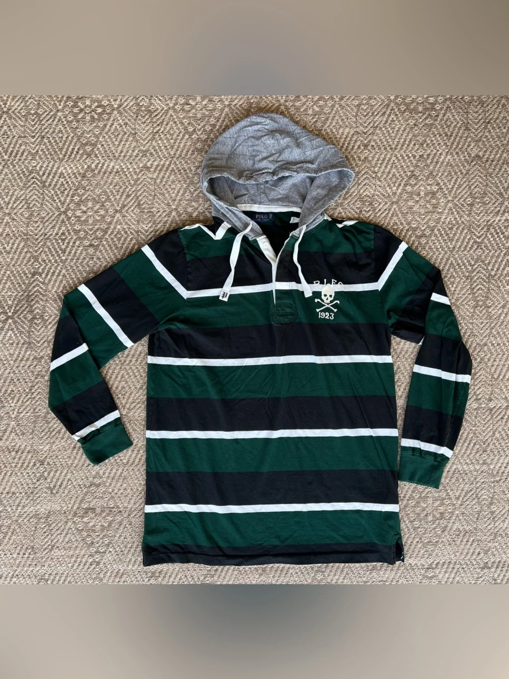 Polo Ralph Lauren Skull Rugby Hoodie Green Black Stripe Mens LT